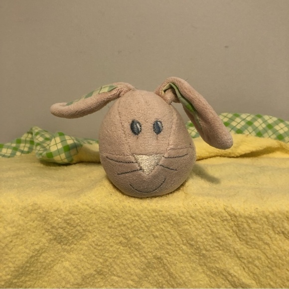 Vintage Yellow Bunny Lovey Baby Plaid Green Trim Cabbage Flower - Picture 2 of 9